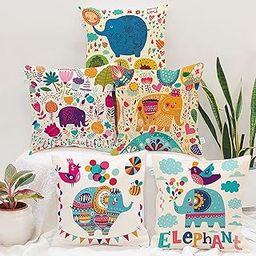 STITCHNEST Unique Cute Elephant Cartoon Blue Printed Canvas Cotton Cushion Covers, Set of 5 (24 X 24 Set of 5)-image-59