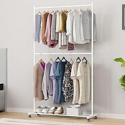 Lukzer Double Rod Cloth Stand & Garment Rack – Rolling Clothing Organizer with Wheels, White Design (MGS-006/183x110x40 cm) for Hanging Clothes-image-54