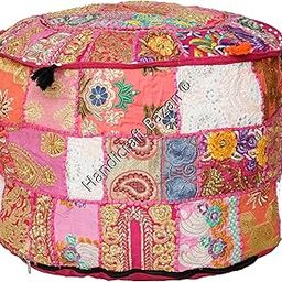 Patchwork Pouf Cover 12x12x12 Inch Traditional Handmade Cotton Tassels Bean Bag Case Attractive Storage Zipper Closure Foot Rest-image-79