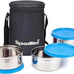 Signoraware Executive Stainless Steel Lunch box with Bag | Microwave & Dishwasher safe | Airtight & Leakproof | Great for Office, Hiking, Travelling & Outdoor use ( Blue | Setof2 | 350mlx2+500ml )-image-5