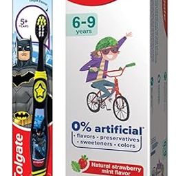 Colgate Kids Cavity Protection Toothpaste for 6-9 Years, 80g, Natural Strawberry Mint Flavour, 0% Artificial substances, SLS Free, with Colgate Batman Extra Soft bristles Toothbrush 5+ years-20