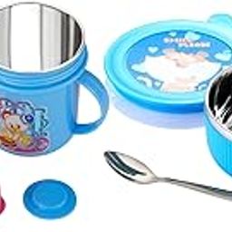 Nabhya Linex 380ml Stainless Steel Multipurpose Air Tight Baby Feeding Bowl with 250ml Stainless Steel Plastic Spout Sipper Cup for Kids (Blue)-image-92