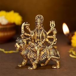 Ekhasa 100% Pure Brass Durga Maa Idol (Size: 12.8 cm) | Durga MATA Murti for Home Decor & Puja Room | MATA Rani Murti for Office Desk | Maa Durga Murti for Gift | Sherawali MATA Murti-11