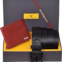 Men Rakhi Gift Hamper For Brother - Classic Red Leather Wallet, Casual Black Leather Belt And Rakhi Combo Gift Set For Brother - 4689-18