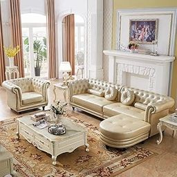 Star Wooden City ! Modern Classic Leatherette 3+1+Footrest Chesterfield Sofa Set Engineered Wood Button Tufted 4 Seater Sofa Set Luxury for Home Living Room, Hallway & Office (CHANPAGNE)-image-70