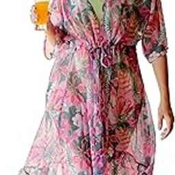 Women's Georgette Tropical Printed Beachwear Kaftan Dress Shrug Coverup, Resort Pool Wear-picture-35