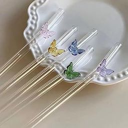 GLASSWARE Reusable Glass Straw with Butterfly, 6 Pcs Colorful Shatter Resistant Bend Straws Cocktails Bar Accessories with Cleaning Brush - (Pack of 6)-image-5