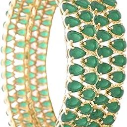 Beautiful CZ/AD Studded Gold Plated Traditional Green Emerald American Diamond Bangles Set for Women Wedding (RVA530G)-image-2
