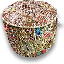 Sophia Art Indian Pouf Stool Vintage Patchwork Embellished with Patchwork Living Room Ottoman Cover, 18 X 13 Inches(Mhendhi Green)-image-112