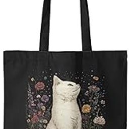 Black Cotton Canvas Tote Bag With Zipper And floral Cat Design for Women Versatile Shopping Office & Travel-41
