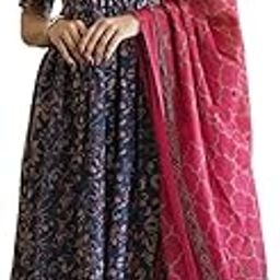 Ehtnic V Neck Anarkali Printed Kurti Palazzo Set with Dupatta For Women-image-66