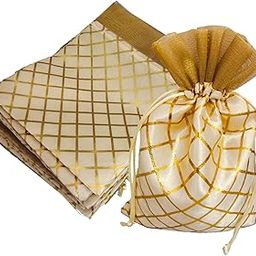 3A FEATURETAIL 18CM X 25CM Large Polka Dot Drawstring Bags Pouches Potli for Gift Wedding Jewelry Packaging Bridal Party Favors for Women (25pc Set, Cream Color Golden Berfi Print)-4