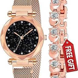 Premium Analogue Women's Rose-Gold Magnet Watch With Rosegold Bracelet With Gift Box - Metal-picture-16