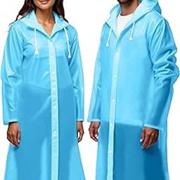 Reusable Long Rain Coat, Waterproof Hooded, Light Blue, Adult Unisex-50