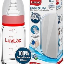 LuvLap Essential Slim Neck Glass Feeding Bottle, 125ml, 0m+/Babies Upto 3 Years, Made of Borosilicate Glass, BPA Free, Ergonomic Shape is Easy to Hold, with Anti Colic Nipple, White & Red, Pack of 1-16