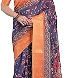 Handloom Linen Saree, Navy-Orange Floral Print, Golden Border with Tassels, 5.5 Metres 0.80 Meter Blouse-image-14