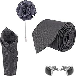 Men's Dark Grey Color Criss Cross Design MicroPoly Formal Necktie Tie With Pocket Square,Lapel Pin,Cufflinks, Solid Color Tie with Silky Feel (Leatharite Box) (Pack of 4)-image-106