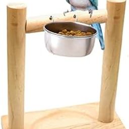 Western Era Bird Natural Wooden Perch Stand with Stainless Steel Food Bowls, Fun Stand Platform Toy for Birdcage, Bird Feeding & Watering Supplies for Parrot Cockatiels Parakeet Finch-picture-17
