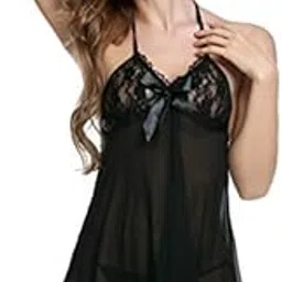 mallory winston Women's Babydoll Above The Knee Nighty Sleepwear Satin Lingerie Nightwear With Panty (Free Size) Black-picture-3