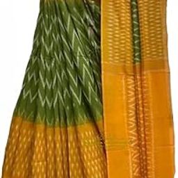 Handicrafts Women's Ikat Hand Block Print Pure Soft Cotton Mulmul Saree White Multi Colour with Blouse Piece (ikkat spec Green Musterd)-12