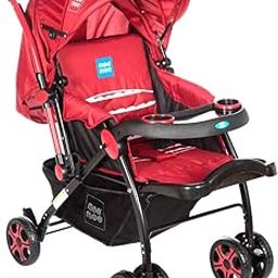 Mee Mee Baby Stroller Pram for 0-3 Years | 5-Point Harness, 3 Level Adjustable Canopy, 3 Recline Position, Reversible Handle | Detachable Feeding Tray with Large Stogare Basket (Red)-0