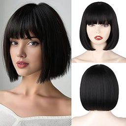 QUEENTAS Black Short Bob Wig,Straight Black Bob Full Head Wig with bangs, 10 inch Straight Bob Bangs Hair Wigs for Women Natural Looking for Daily Use-image-35