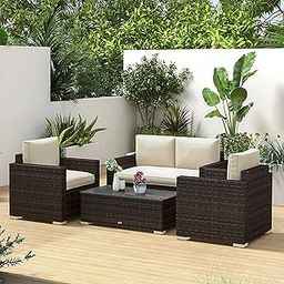 MJA FURNITURE Outdoor Sofa for Balcony, Garden, Terrace 4 Seater | Weather Resistant Patio Sofa with Waterproof Cushion | HDPE Wicker Outdoor Furniture (Brown & Off-White)-26