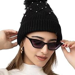 Winter Warm Skull Beanie Hat for Women with Fur Lining | Women's Woolen Soft Knitted Beanie Cap with Fleece for Cold Weather (Pearls Design)-image-83