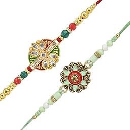 Combo Pack of 2 Rakhis Multicolor Kundan and Green FlowerDesigner Set With Pack of Roli-chawal n Rakshabandhan Greetings Card, Kids Rakhi-25031-4
