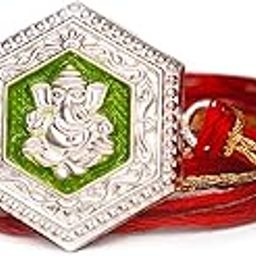 99.5% Pure Silver Rakhi Set with Traditional Meenakari Work, Om Ganesha Swastik Design, Traditional Red Golden Zari Thread-image-66