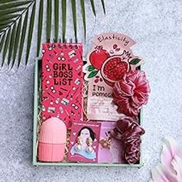 Giftidy Girl Boss Planner Gift Set, Spiral Planner, Ice Roller, Pearl Earrings, Flower Ring, 2 Scrunchies, Face Mask Sheet, Greeting Card-9