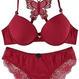 Women's Premium Front Open Padded Bra and Panty Set, Burgundy, Front Closer Push-Up Padded Style with Decorative Butterfly Back-picture-0