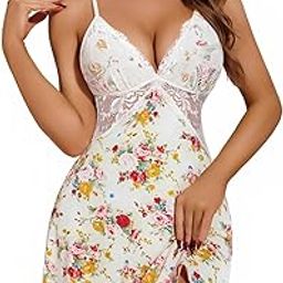 Women's Black Lace Nightdress | Deep V-Neck Satin Sleepwear with Sheer Mesh Midsection | Adjustable Straps Nighty for Women | Honeymoon & Party Lingerie Dress-image-86
