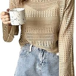 CRAMPLE®Women Short Openwork Sunscreen Knitted Pullover Women Summer Seaside Resort Loose Design Sense Long-Sleeve Sweater Top-picture-2