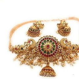 Traditional Peacock Design Red Green flower Temple Jewellery set ruby and Pearl haram artificial Choker Necklace. Latest Wedding Jewellery for Women and Girls-10