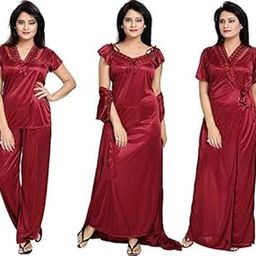 Women's Satin Solid Nightwear Set Pack of 4-image-88