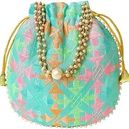 Handcrafted Phulkari Embroidered Potli Bag, Multicolour Silk with Pearl Handle, Traditional Wedding Purse for Women-image-21