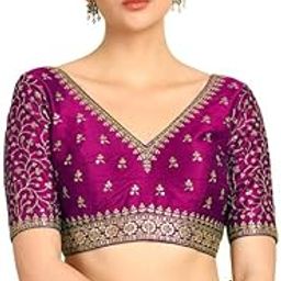 Womens Zari Embroidery Padded Silk Blend Half Sleeve Blouse with Sequins-picture-16