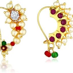 Maharashtrian Traditional Pearl Temple Jewellery marathi Nose pin Nath Nose Ring for Wedding Women Girls Combo Gold Non pierced (2 pcs) -NATH COMBO-132-picture-17