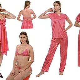 Woman's Nightwear 6 Piece Set (Babydoll Frock/Robe/Bra/Panty/Top/Capri) (Free Size, Pink)-image-42