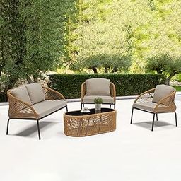 Outdoor 4 Piece Patio Garden Rope Sectional Sofa Set with Glass Top Table All Weather Conversation Furniture for Porch, Backyard, Terrace (Beige & Grey)-image-22