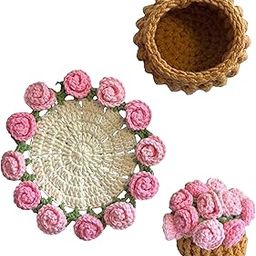 Crochet Flower Bouquet, Handmade DIY Pink Rose Coaster Set with Planter, Crochet Flower Blanket, Home Decor Gift for Women, Non-Finished Craft Project-23