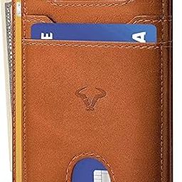 Genuine Leather Slim Wallet | RFID Blocking Skinny Minimal Thin Front Pocket Wallet Sleeve Card Holder for Men | Up to 7 Card Slots Including 1 ID Window (Tan)-98