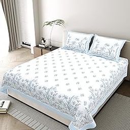 Jaipuri Floral Print Cotton Double Bed Bedsheet Set with 2 Pillow Covers, Coral Pattern - King Size (108 * 108) (Blue)-image-81