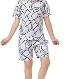 Abstract Printed White Cotton Spread Collared Shirt and Shorts for Girls|Co-Ords Set-72
