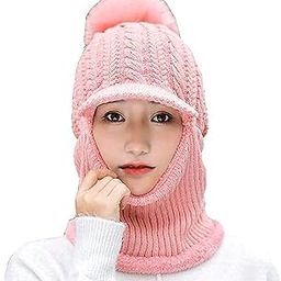Women and Girls Warm Winter Knitted Hats Add Fur Lined Warm Winter Hats That Cover Face with Attached Neck Cover and Mask, Warmer Balaclava Pompoms Cap.d (Pink)-image-14