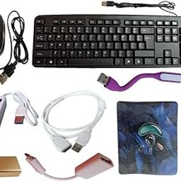 9 in 1 Combo Of Wired Keyboard, Wired Mouse, Pad, USB Hub 4 Ports With On Button, Cleaning Gel With Cloth 100ml, USB LED light, USB Extension Cable 1.5 Meter, OTG Micro to A & OTG Type C to A 2.0-3