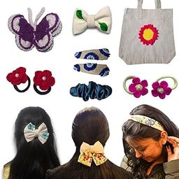 Laveni Creations Handmade Hair Accessories Gift Combo Set for Girls & Women | Crochet Hair Bows, Embroidered Clips, Cotton Headband & Tote Bag | 10 Pc Premium Gifting Combo (Combo 7)-image-47