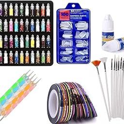 URBANMAC Nail Art Kit - 48 Pcs Glass Bottles Glitter Stones, 100 Nails,10 Nail Tapes, 15 Nail Art brush, 5 Nail Dotting Pen with 2 Glue (Nail Art Kit)-15