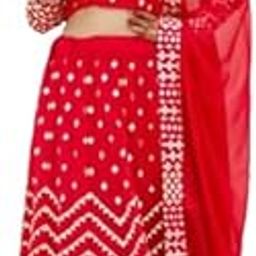 Women's Red Embroidered Lehenga Choli, Traditional Indian with Geometric Pattern-image-17